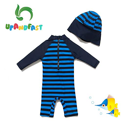 upandfast Baby Boy Long Sleeve Rashguard Baby Beach One-Piece Swimsuit (Navy, 9-12 Months) - Image 2
