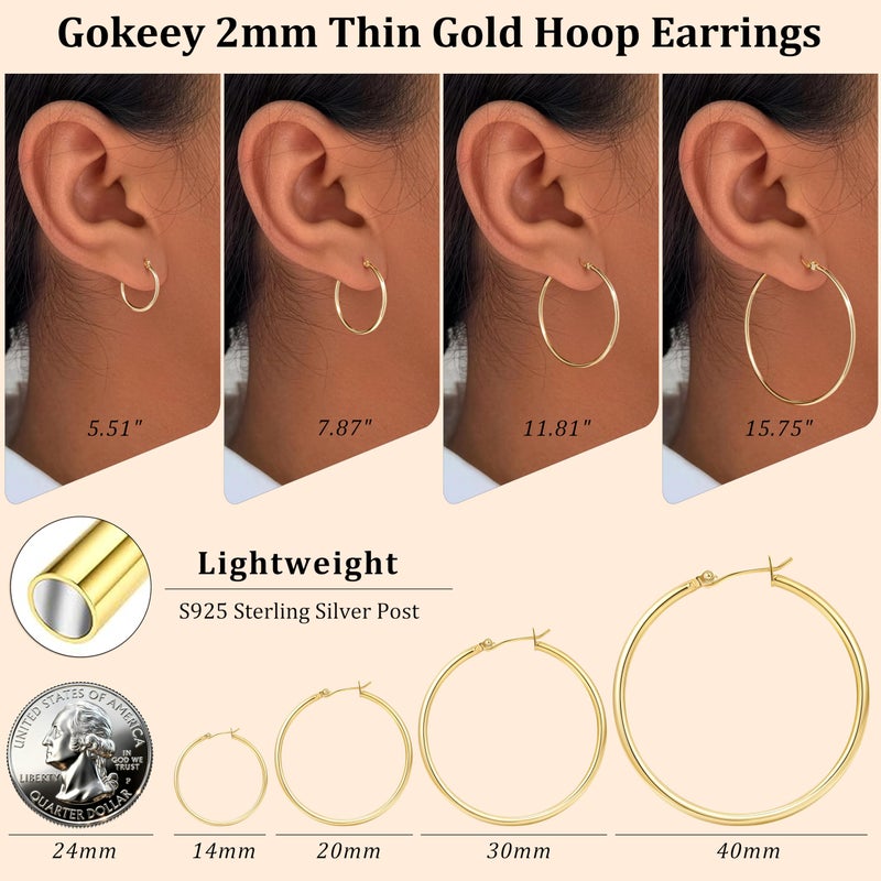 Gokeey Gold Hoop Earrings Set for Women,14k Gold Plated Earrings Stack Hoops Hypoallergenic Thin Big Hoop Earrings for Women 14mm/20mm/30mm/40mm - Image 4