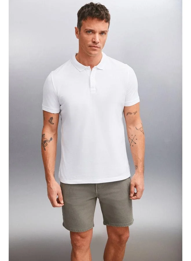 GRIMELANGE MARTEN Men's 100% Cotton Short Sleeve Regular Fit White Polo Collar T-shirt.