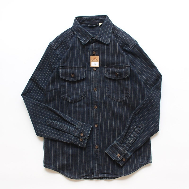 Vintage Japanese-Style Distressed Washed Striped Double-Pocket Workwear Autumn Long-Sleeve Pure Cotton Denim Heavy Shirt Jacket for Men Blue