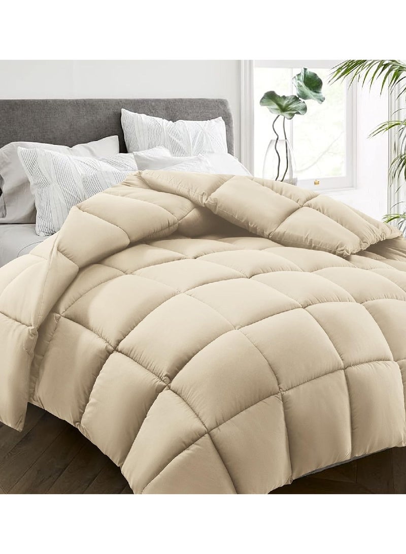 Machine Washable All Seasons Queen Comforter, Cool Down Alternative Quilted Down Comforter Core With Corner Tags – Beige - Image 1