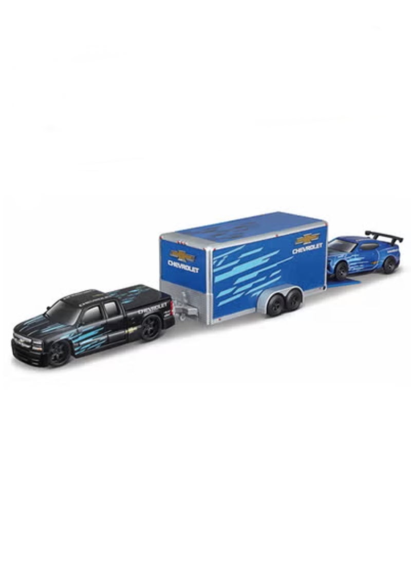 Chevrolet Boxed Simulation Alloy Car Trailer Transporter Series Vehicle Set Model(Chevrolet Silverado Camaro Transport Trailer) 