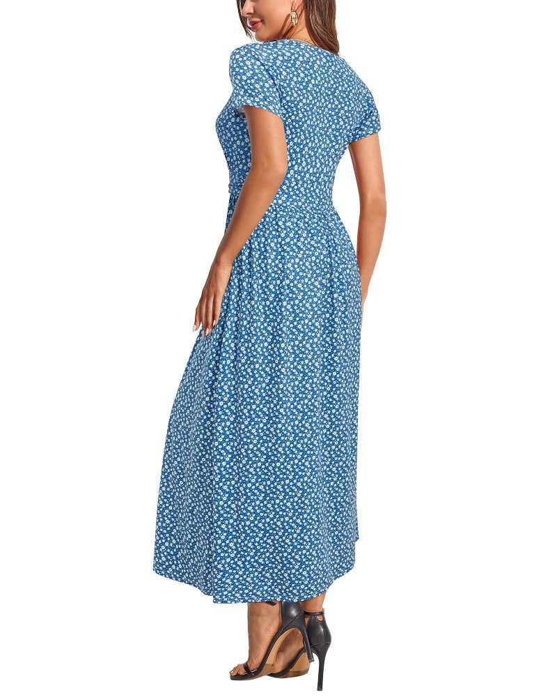 OUGES Women's V-Neck Pattern Pocket Maxi Long Matenity Dress for Baby Shower(Floral-51,L) - Image 5