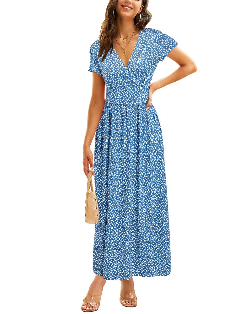 OUGES Women's V-Neck Pattern Pocket Maxi Long Matenity Dress for Baby Shower(Floral-51,L) - Image 3