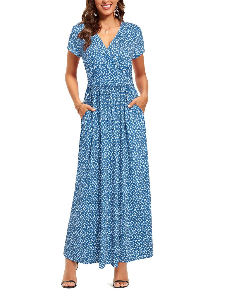 OUGES Women's V-Neck Pattern Pocket Maxi Long Matenity Dress for Baby Shower(Floral-51,L) - Image 1