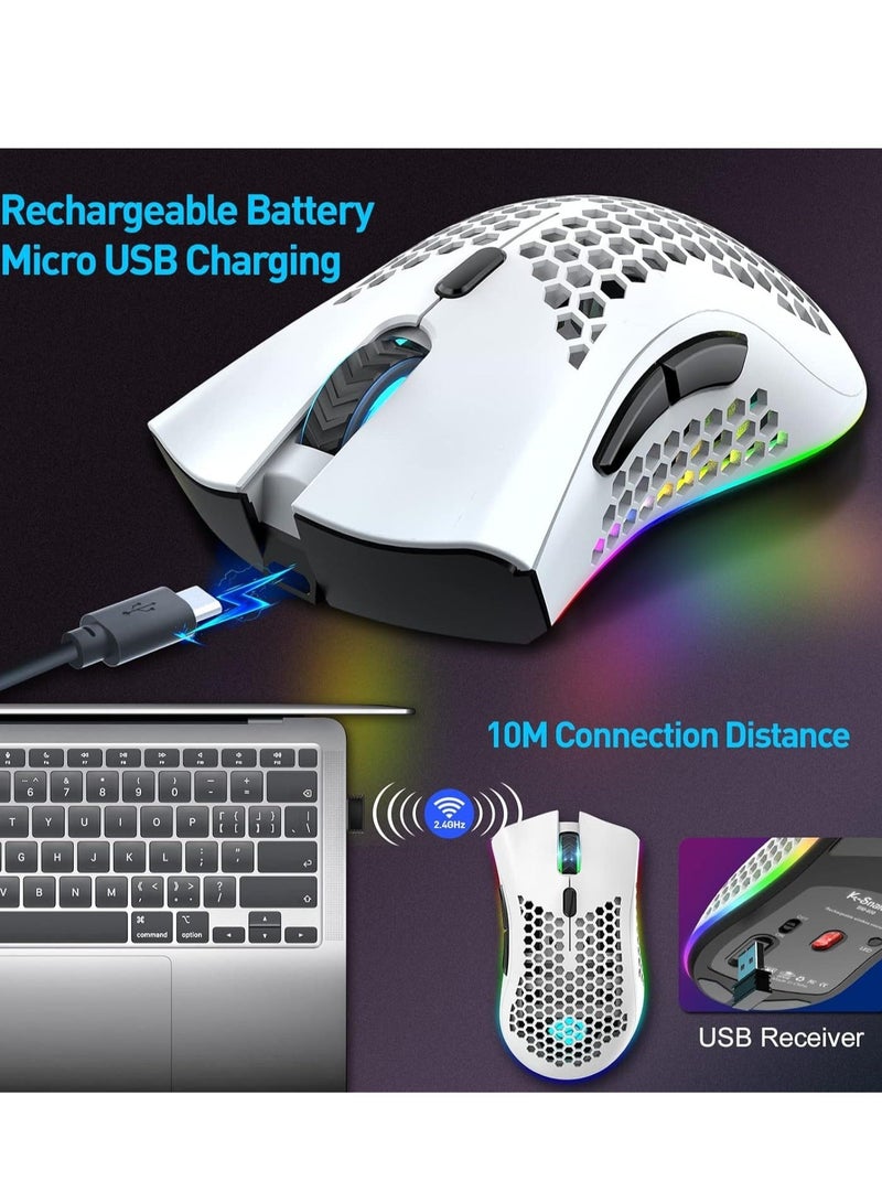 BM600 Wireless Lightweight Gaming Mouse,2.4G Wireless Rechargeable Computer Mouse with Honeycomb Shell, USB Receiver, Adjustable DPI, Ergonomic RGB Gamer Mice for PC Mac Gamer - Image 2