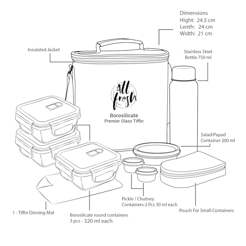 Treo By Milton All Fresh Premier Tiffin Square Set of 8 (3 Containers, 320ml Each; Steel Bottle, 750ml; 2 - Pickle/Chutney Container,30ml Each; Salad/Papad Container, 200ml & Dining Mat) With Bag - Image 5
