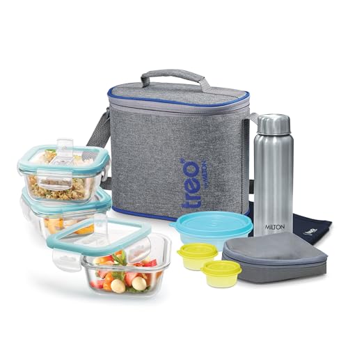 Treo By Milton All Fresh Premier Tiffin Square Set of 8 (3 Containers, 320ml Each; Steel Bottle, 750ml; 2 - Pickle/Chutney Container,30ml Each; Salad/Papad Container, 200ml & Dining Mat) With Bag - Image 1