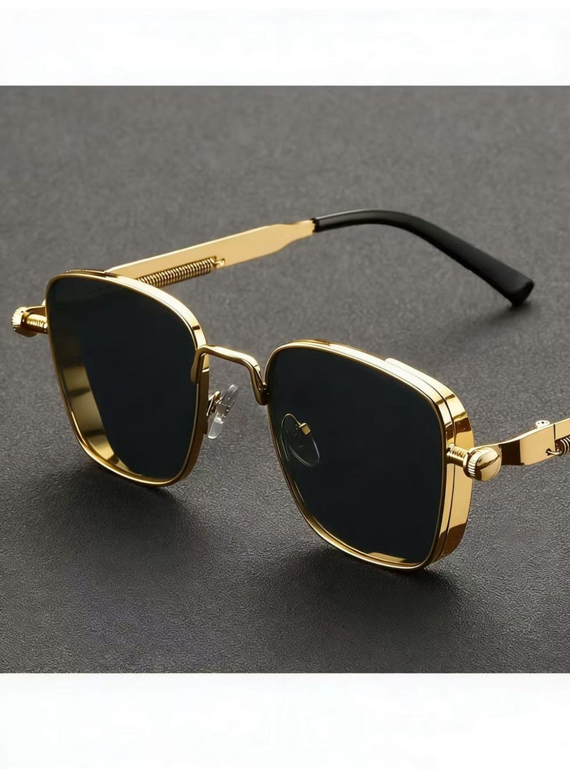 Retro Cool Steampunk Glasses - Golden Square Metal Frame Fashion Glasses For Men & Women, Outdoor Sports - Image 1