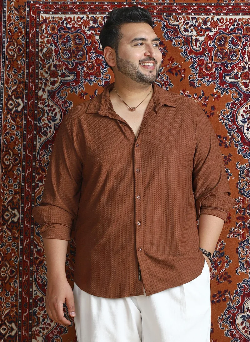 Instafab Plus Instafab Plus Men's Chocolate Brown Gridveil-Tactile Shirt For Casual Wear | Spread Collar | Long Cuffed Sleeves | Button Closure | Plus Size Shirt Crafted With Comfort Fit For Everyday Wear