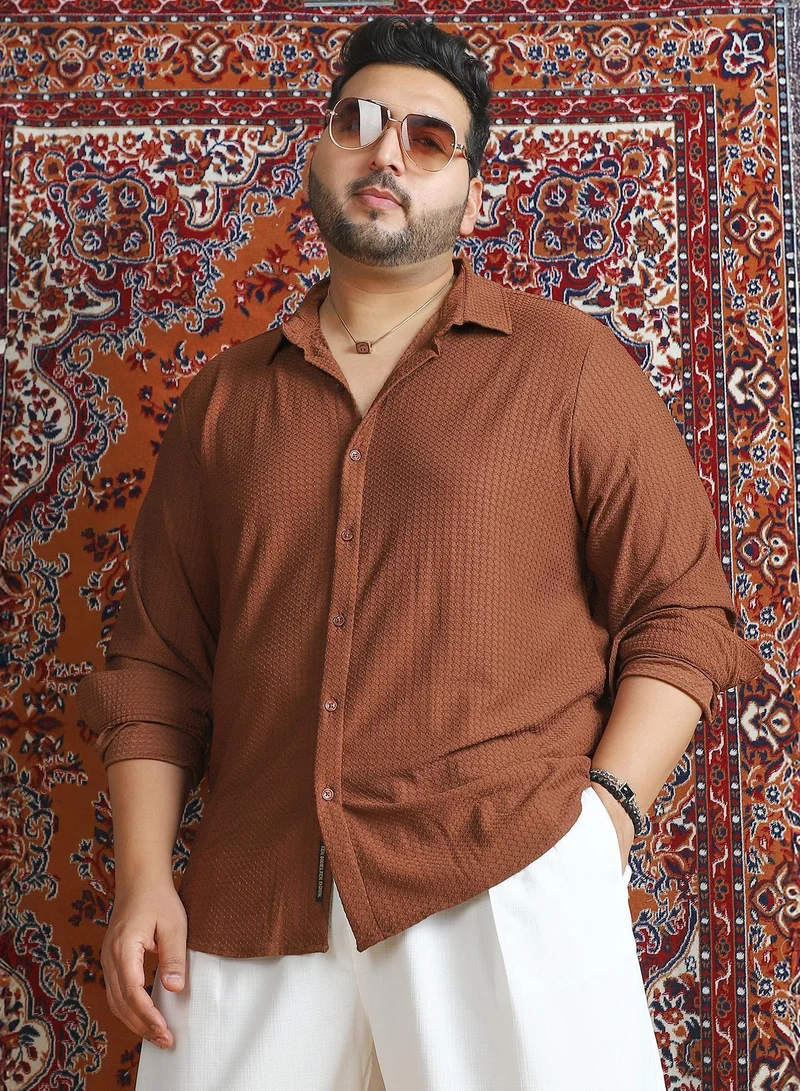 Instafab Plus Instafab Plus Men's Chocolate Brown Gridveil-Tactile Shirt For Casual Wear | Spread Collar | Long Cuffed Sleeves | Button Closure | Plus Size Shirt Crafted With Comfort Fit For Everyday Wear