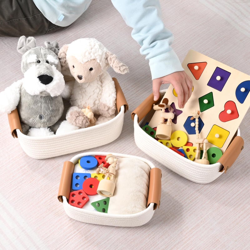 Degeyoyo Storage Baskets for Organizing, Small Woven Basket Set of 6-4 Shelf Basket with Leather Handle and 2 Small Gift Baskets, Cotton Rope Basket for Shelves, Nursery, Dog Toy, Bathroom - Image 4