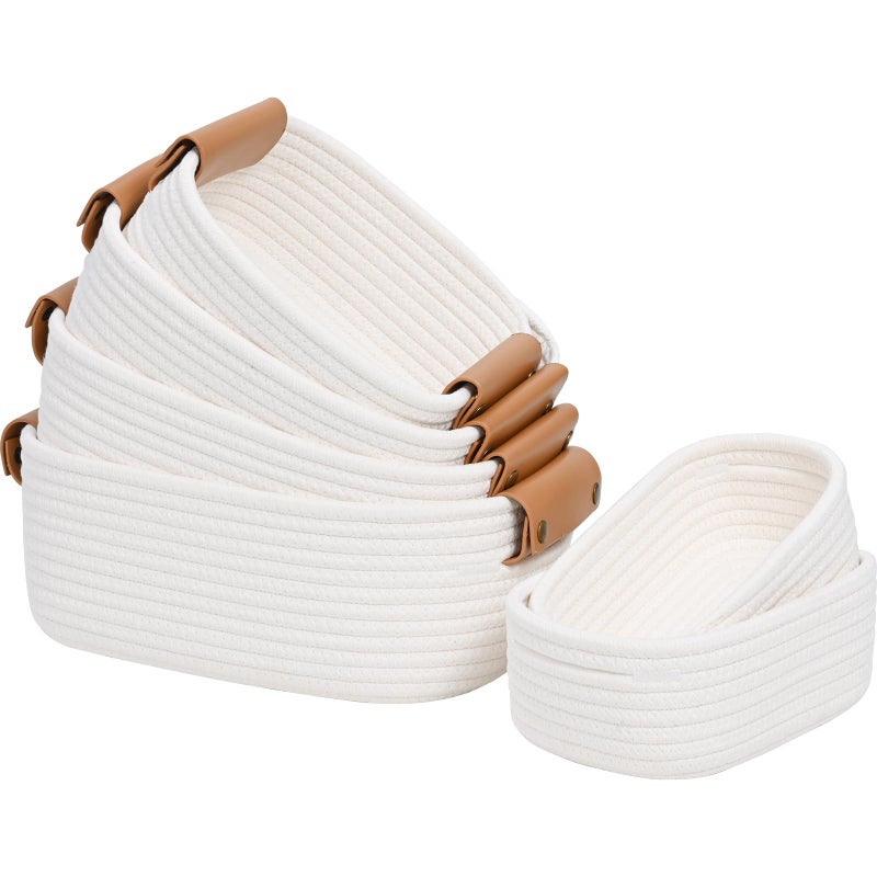 Degeyoyo Storage Baskets for Organizing, Small Woven Basket Set of 6-4 Shelf Basket with Leather Handle and 2 Small Gift Baskets, Cotton Rope Basket for Shelves, Nursery, Dog Toy, Bathroom - Image 1