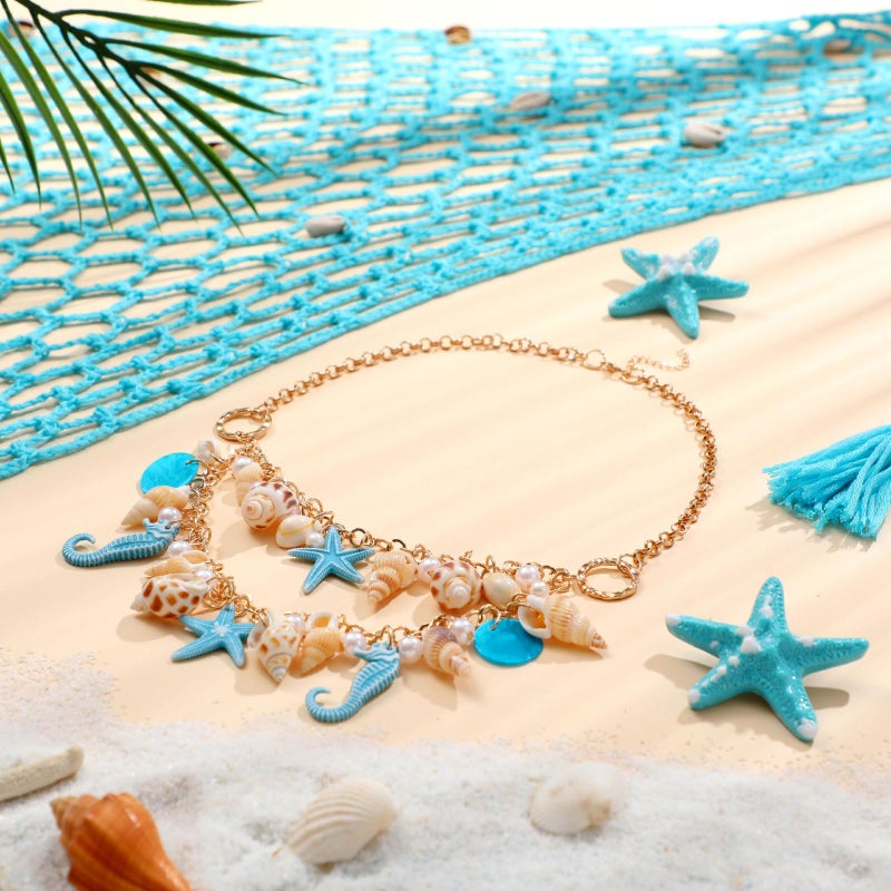 Cotwinter 4 Pcs Mermaid Costume for Women Mermaid Crochet Skirt Swimwear Cover up Beach Necklace Starfish Hair Clip(Blue) - Image 4