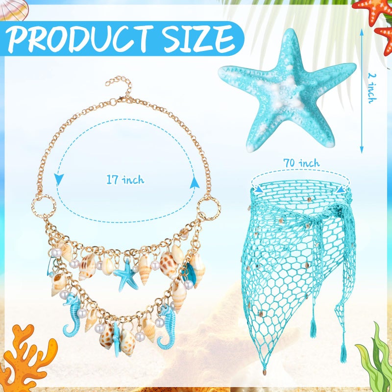 Cotwinter 4 Pcs Mermaid Costume for Women Mermaid Crochet Skirt Swimwear Cover up Beach Necklace Starfish Hair Clip(Blue) - Image 2