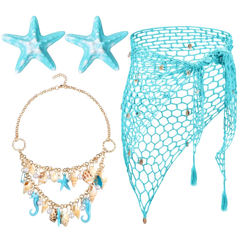 Cotwinter 4 Pcs Mermaid Costume for Women Mermaid Crochet Skirt Swimwear Cover up Beach Necklace Starfish Hair Clip(Blue) - Image 1