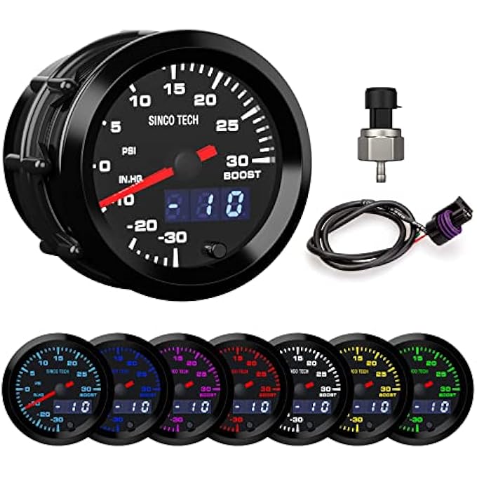 SINCO TECH Boost Turbo Gauge With Sensor 52Mm Car Meter Psi Gauge Digital Display Pointer 7 Colors Led Boost Gauge Kit 12V Universal Boost Gauge - Image 1