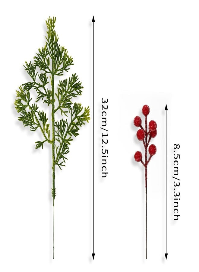 Kunjocy 40PCS Christmas Artificial Pine Branches Frosted Berry Stems Fake Evergreen Norfolk Cypress Sprigs Holly Berries Winter Greenery Picks for Vase Filler DIY Craft Garland Home Decor (Green & Red) - Image 2