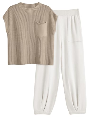 LILLUSORY Two 2 Piece Sets Womens 2025 Spring Summer Matching Lounge Sweatsuits Sweat Suits Trendy Travel Beach Vacation Fashion Resort Wear Outfits Knit Loungewear Clothes Clothing White M - Image 1