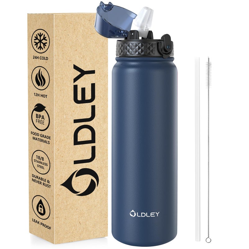 OLDLEY Stainless Steel Water Bottle with Straw 1L Vaccum Insulated Large Drink Flask Metal Water Bottles 1 Litre Leakproof Keep Drinks Hot Cold for Sports Bike Gym Adult Women MenNavy Blue 1 Lid