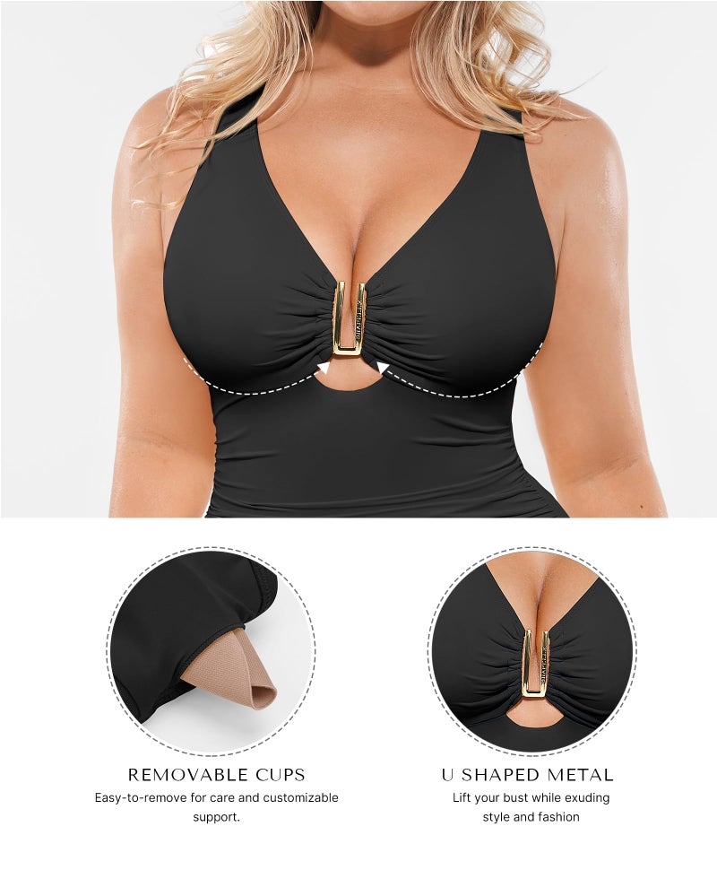 SHAPELLX One Piece Swimsuit Women Tummy Control V Neck One Piece Bathing Suit Built-in Bra Swimwear Black S - Image 4