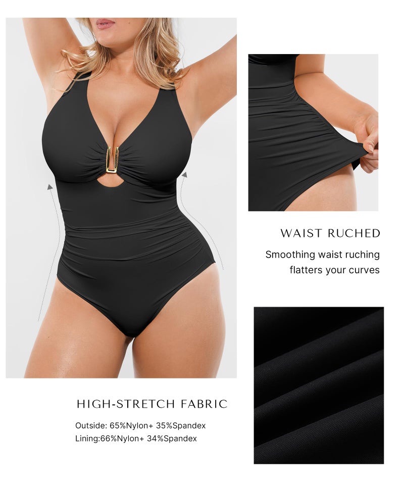 SHAPELLX One Piece Swimsuit Women Tummy Control V Neck One Piece Bathing Suit Built-in Bra Swimwear Black S - Image 5