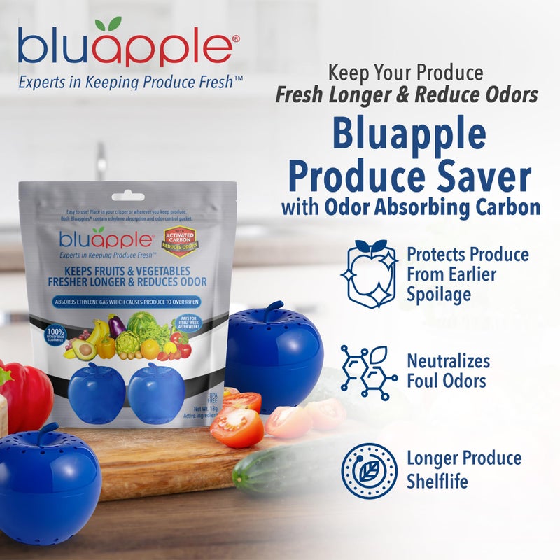 BluApple Bluapple Produce Saver with Activated Carbon - Ethylene Gas Absorber, Keep Fruits & Vegetables Fresh Longer, Minimize Food Waste, Refrigerator Odor Absorber, Produce Storage Extends Shelf Life, 2 Pack  - Image 2