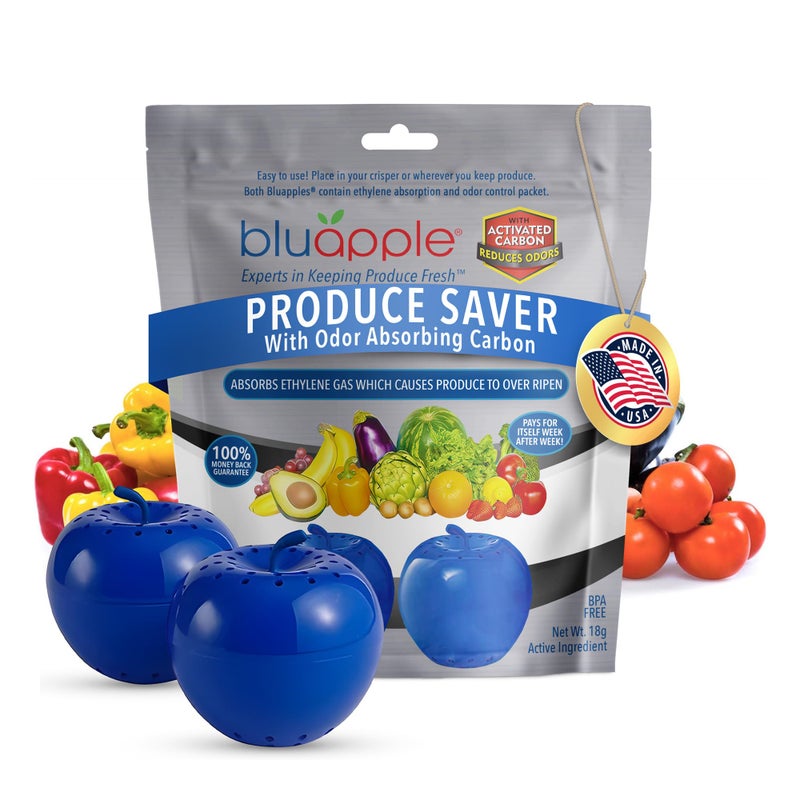 BluApple Bluapple Produce Saver with Activated Carbon - Ethylene Gas Absorber, Keep Fruits & Vegetables Fresh Longer, Minimize Food Waste, Refrigerator Odor Absorber, Produce Storage Extends Shelf Life, 2 Pack  - Image 1