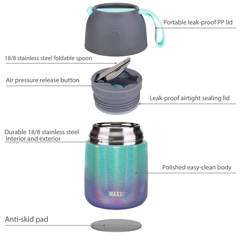 MAXSO Soup Thermo for Hot & Cold Food for Adults Kids, 17 oz Vacuum Insulated Steel Lunch Container Bento Box with Spoon, Leakproof Thermal Food Jar for School Office Travel - Rainbow - Image 2