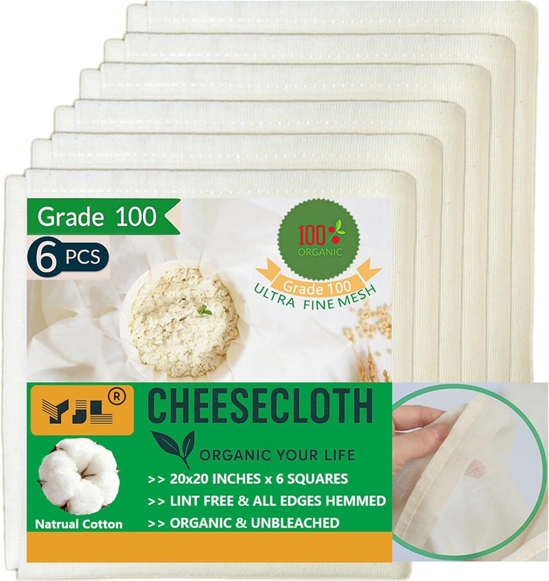 YJL Organic Cheese Cloths, Grade 100 Extra Ultra Fine Mesh with Hemmed Edges, 6 Pack 20x20 Inch 100% Unbleached Cotton Reusable cheesecloth for Straining, Cooking, Cheese Making, Roasting, Crafting - Image 1