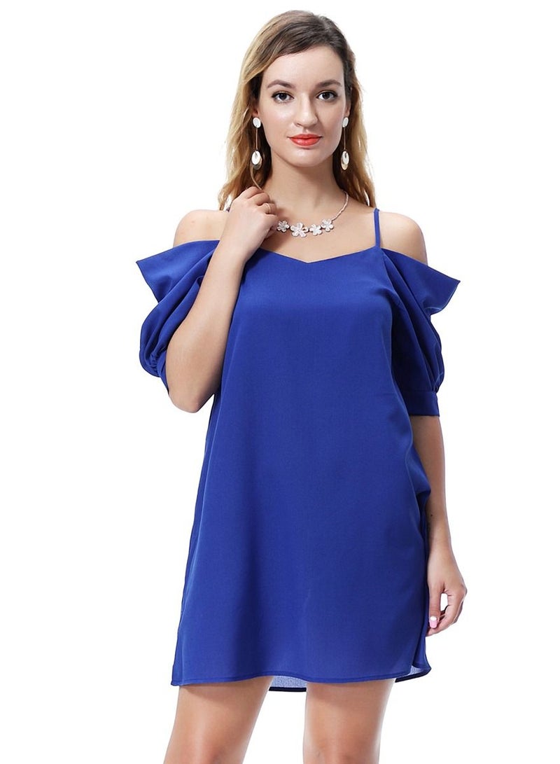 Loquat Women's Solid Color Off-Shoulder Mini Slip Dress Dark Blue 