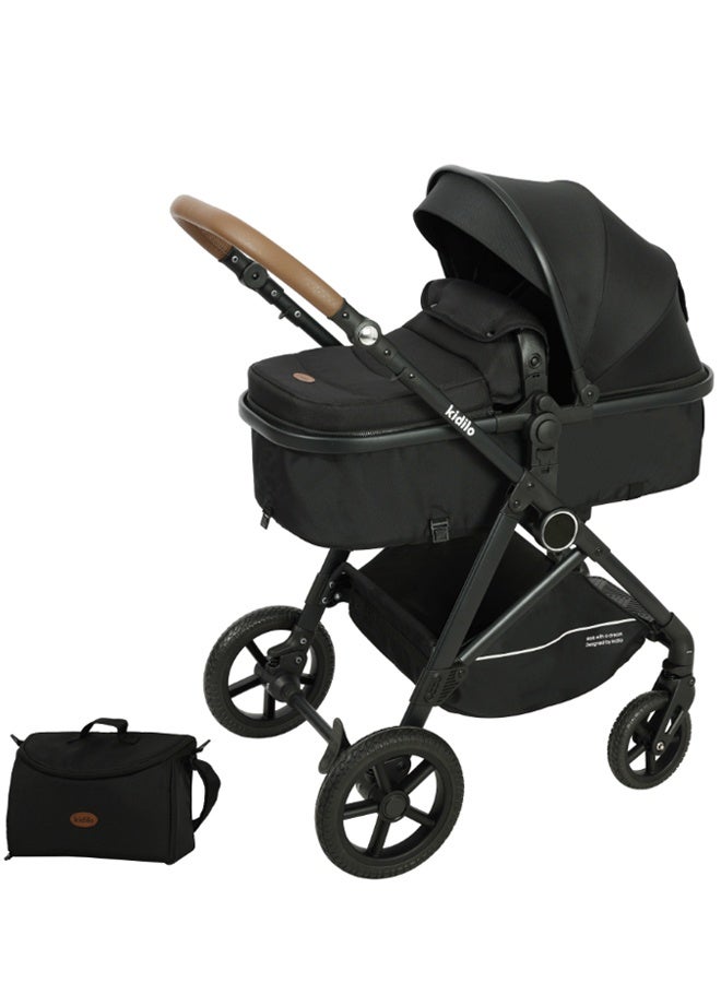 Kidilo 3-In-1 Baby Stroller, Multifunctional Newborn Travel Cabin, One-Hand Folding Baby Stroller For Infants, Toddler High Landscape Stroller with Rubber Wheels, Dinner Plate, Cooling Mat, Mosquito Net and Other Accessories