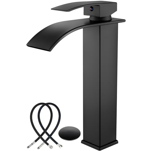 Midanya Vessel Sink Facuet Waterfall Tall Bathroom Faucets Vanity Single Handle 1 Hole Modern with Pop-up Drain and Supply Hoses,Matte Black - Image 1