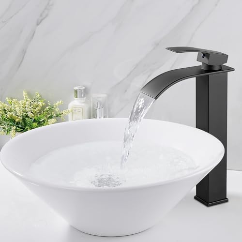 Midanya Vessel Sink Facuet Waterfall Tall Bathroom Faucets Vanity Single Handle 1 Hole Modern with Pop-up Drain and Supply Hoses,Matte Black - Image 3