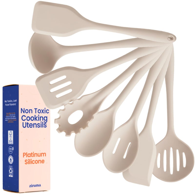 Ziruma Non-Toxic Platinum Silicone Kitchen Utensil Set of 8 â€“ Non-Scratch Cooking Spoons & Spatulas, 100% Plastic Free, Stainless Steel Core, Heat Resistant 500Â°F, Beige - Image 1