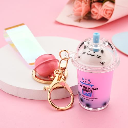 Flenzy Acrylic Cute Kawaii Cat Milk Tea Keychain with Pink Floral Charm, Gold Bell, Bubble Tea Cup Design - Image 4