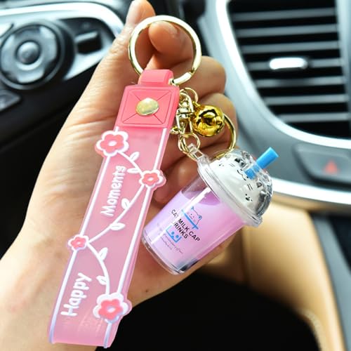 Flenzy Acrylic Cute Kawaii Cat Milk Tea Keychain with Pink Floral Charm, Gold Bell, Bubble Tea Cup Design - Image 3