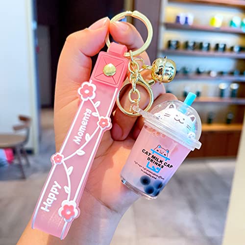 Flenzy Acrylic Cute Kawaii Cat Milk Tea Keychain with Pink Floral Charm, Gold Bell, Bubble Tea Cup Design - Image 2