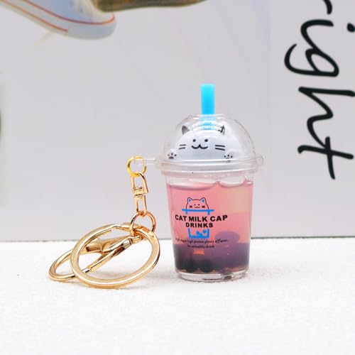 Flenzy Acrylic Cute Kawaii Cat Milk Tea Keychain with Pink Floral Charm, Gold Bell, Bubble Tea Cup Design - Image 5