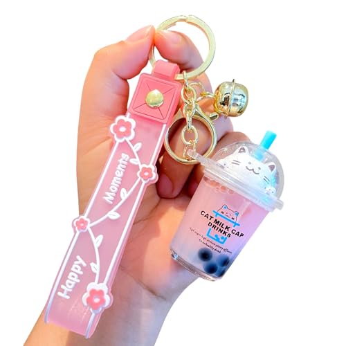 Flenzy Acrylic Cute Kawaii Cat Milk Tea Keychain with Pink Floral Charm, Gold Bell, Bubble Tea Cup Design - Image 1