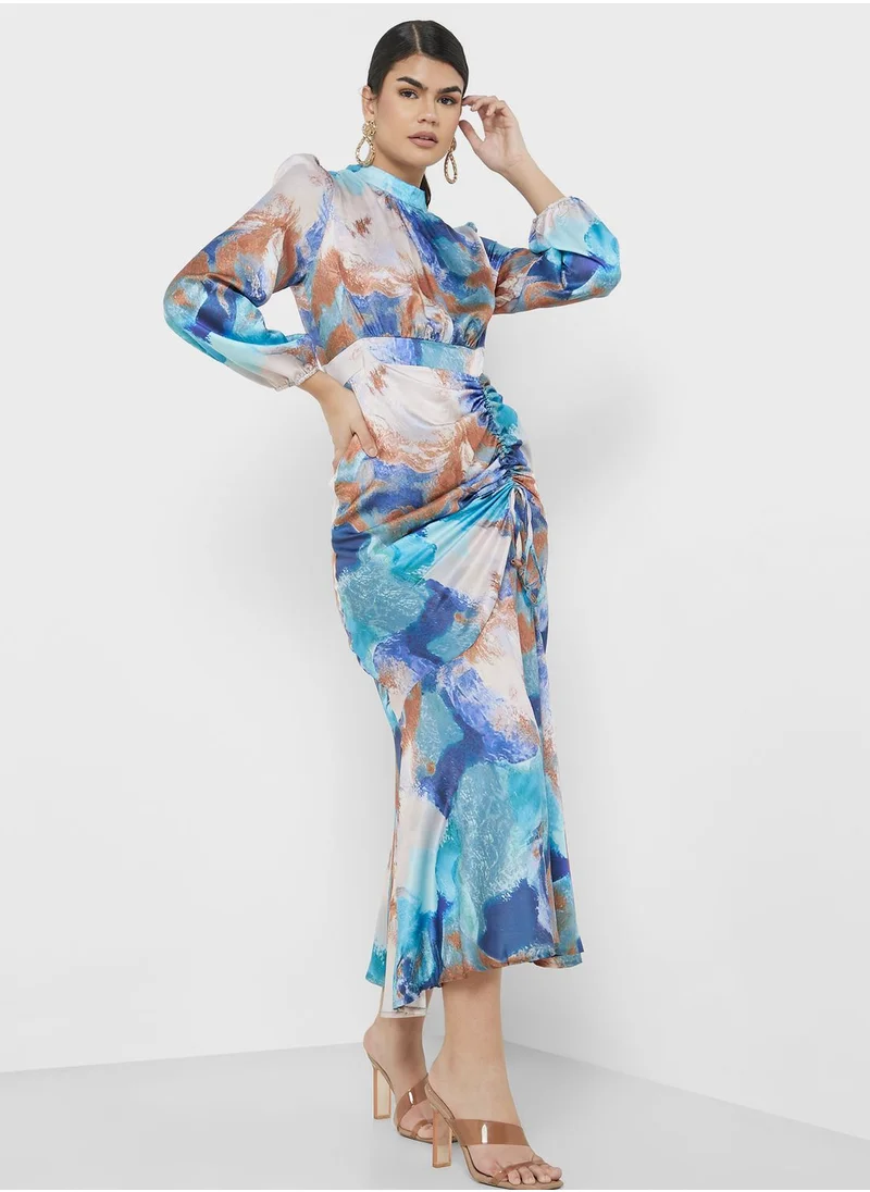 ELLA Ruched Dress In Blurred Print