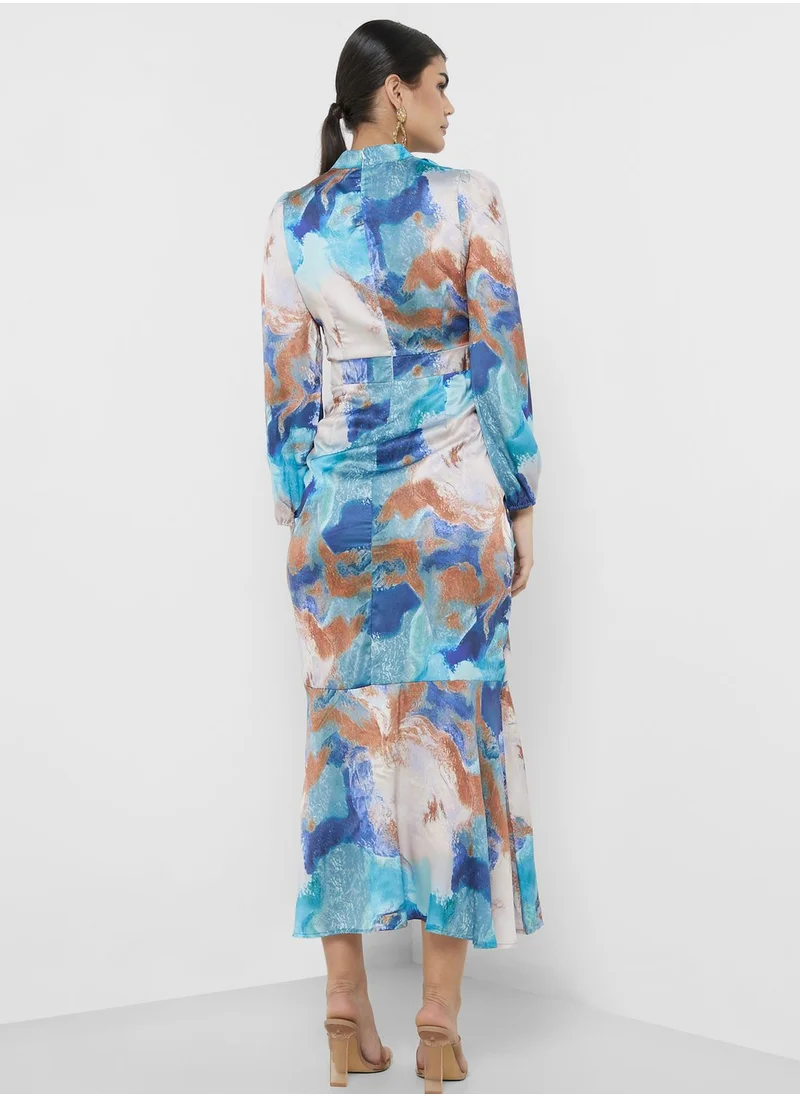 ELLA Ruched Dress In Blurred Print