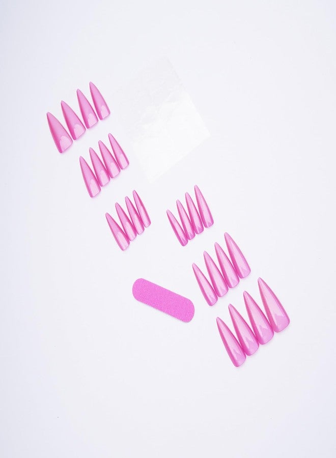 KKUUOO Pink Press on Nails - Long Stiletto Fake Nails | Acrylic Nails with Glitter,Full Cover Glossy False Nails,Reusable Stick on Nail for Women Girls Daily Nail Art 24Pcs - Image 4