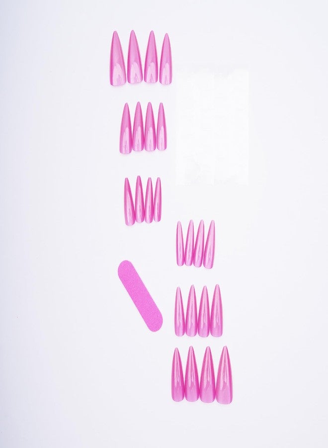 KKUUOO Pink Press on Nails - Long Stiletto Fake Nails | Acrylic Nails with Glitter,Full Cover Glossy False Nails,Reusable Stick on Nail for Women Girls Daily Nail Art 24Pcs - Image 2