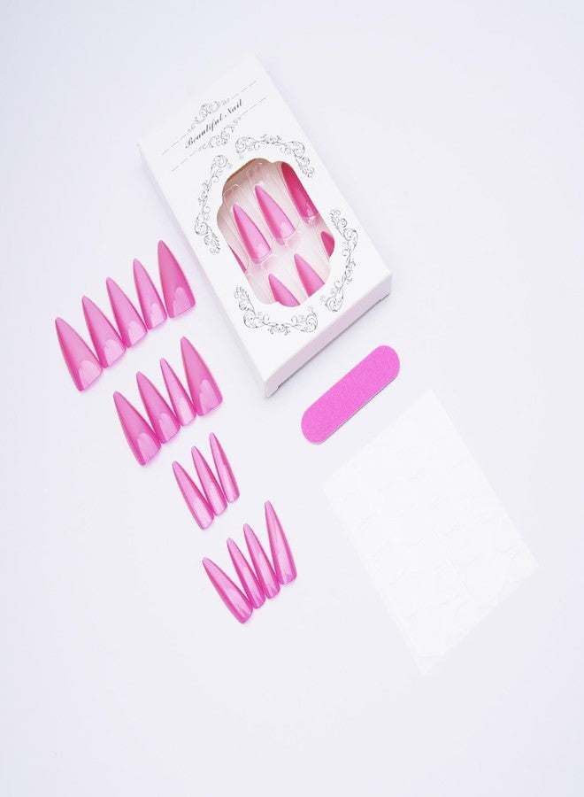 KKUUOO Pink Press on Nails - Long Stiletto Fake Nails | Acrylic Nails with Glitter,Full Cover Glossy False Nails,Reusable Stick on Nail for Women Girls Daily Nail Art 24Pcs - Image 3