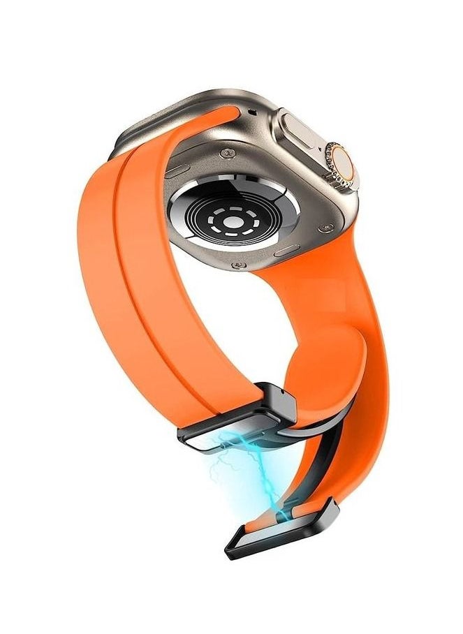Generic - For Apple Watch 45mm 7/8 Series - D-Shape Magnetic Clasp Silicone Replacement Sport Wristband Band - Orange - Image 1