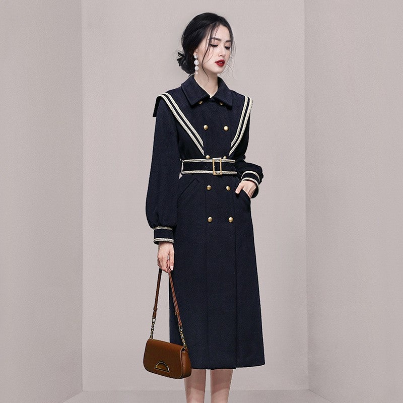 Pear-Shaped Belted Chic Coat Dress Dark Blue