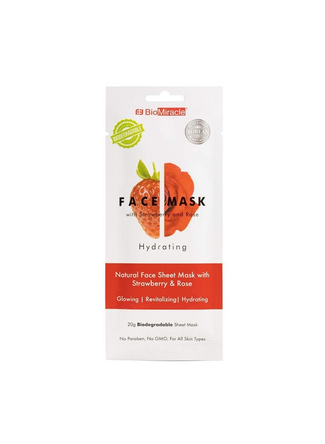 BioMiracle Hydrating, Natural Face Mask Sheet, With Strawberry And Rose, For Glowing, Revitalized, Moisturized Skin, Spa Treatment Mask (Pack Of 5) 