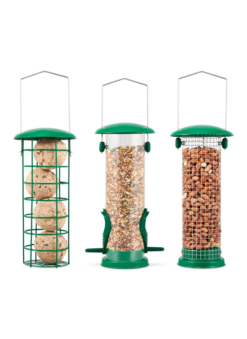 3Pack Metal Bird Feeder, Squirrel-Proof Hanging Bird Feeder Station for Garden, Backyard, Lawn Set of Tube, Dense Mesh, Coarse Mesh Wild Bird Feeders for Nuts, Seeds, Fat Balls