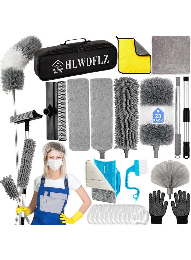HLWDFLZ Microfiber Duster Kit 23pcs with 30 to 100 Inches Extension Pole and Extendable Window Squeegee, Washable and Bendable Feather Duster for Cleaning Ceiling Fans, High Ceilings, Cobwebs, Blinds - Image 1